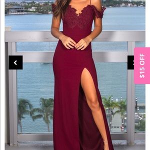 Burgundy off shoulder maxi dress with side slit